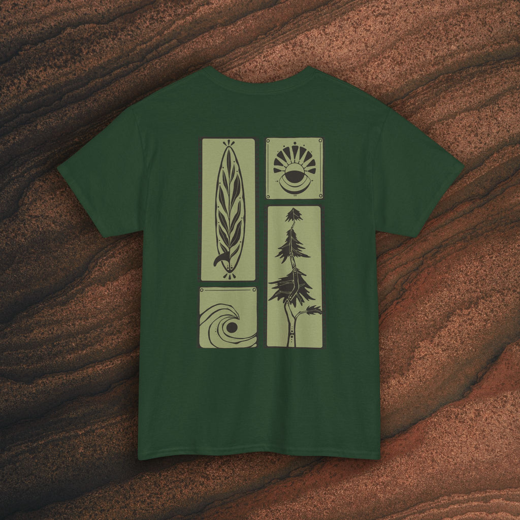 Nature Graphic Tee — Surf, Trees & Sun Vintage Panel Design