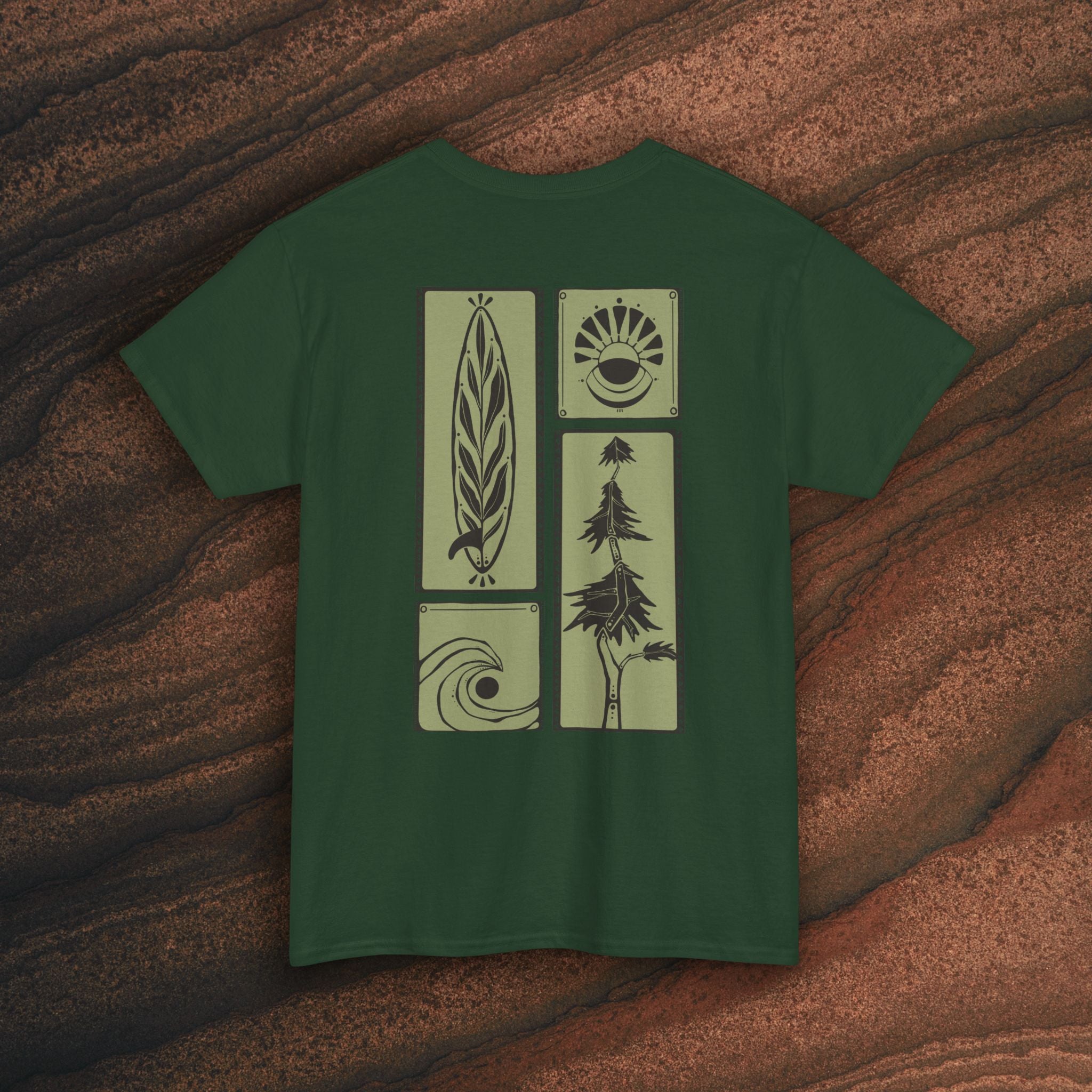 Nature Graphic Tee — Surf, Trees & Sun Vintage Panel Design