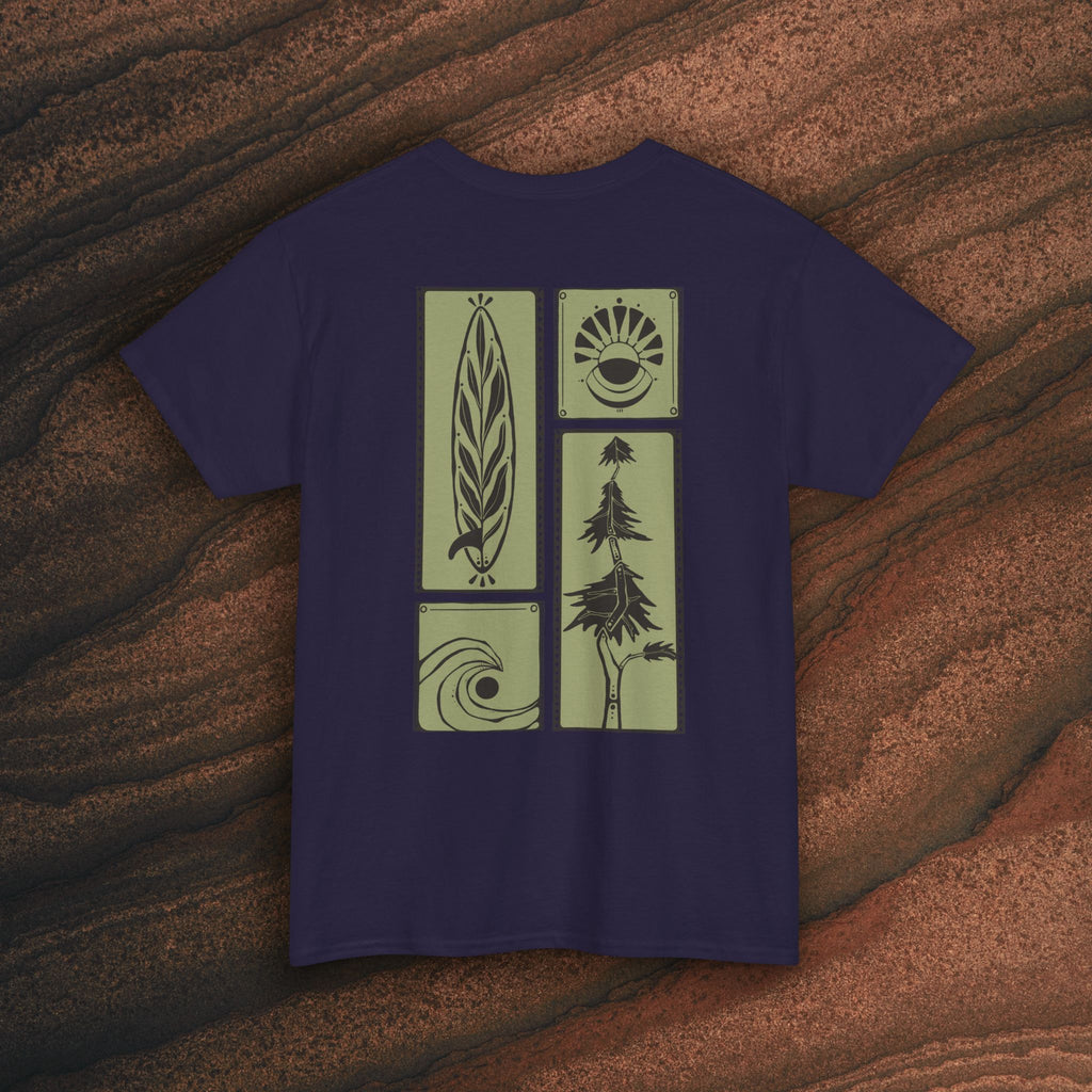 Nature Graphic Tee — Surf, Trees & Sun Vintage Panel Design
