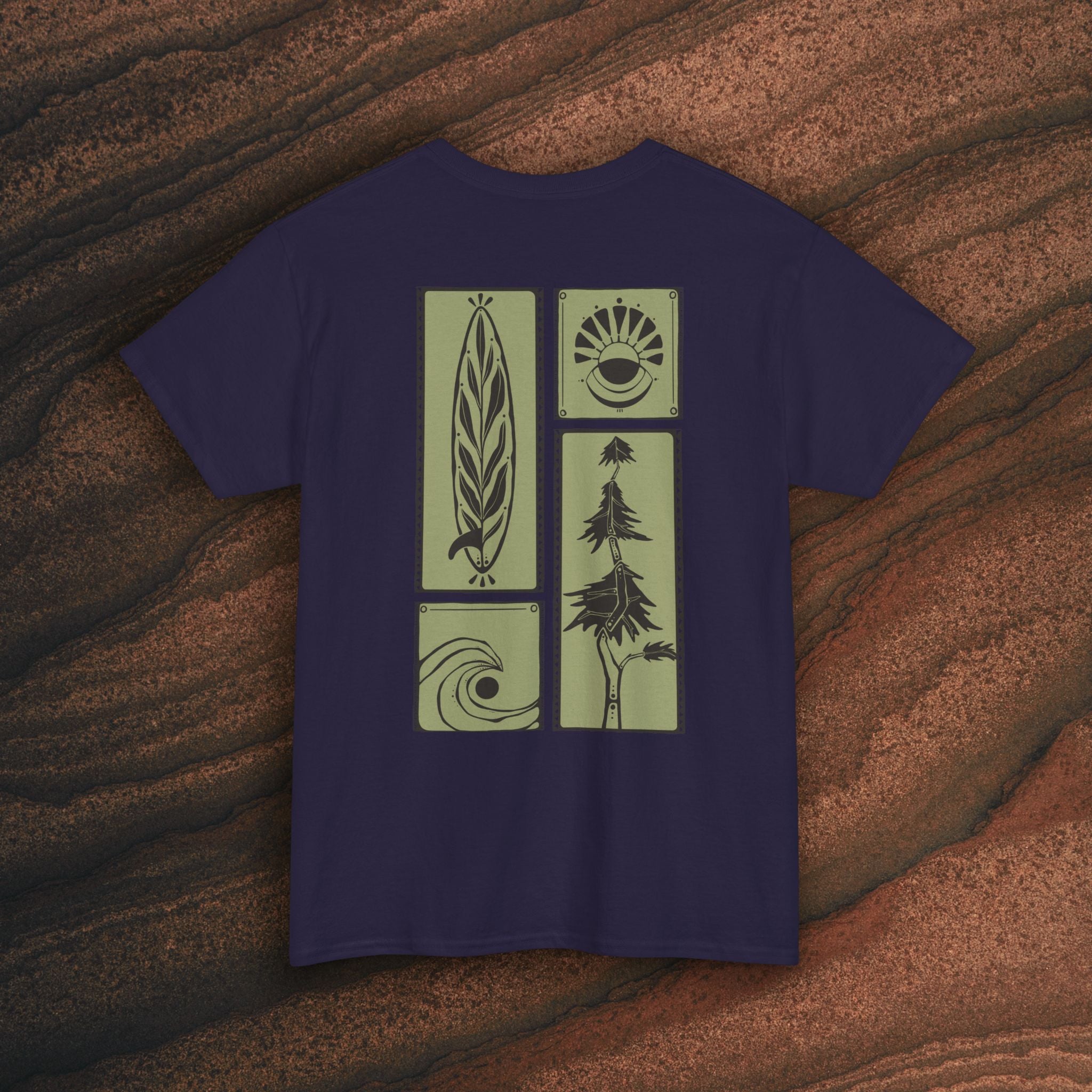 Nature Graphic Tee — Surf, Trees & Sun Vintage Panel Design