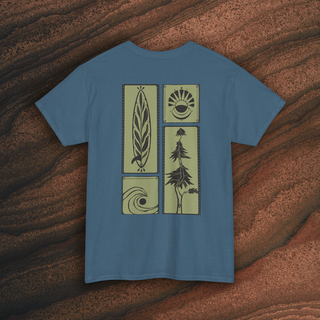 Nature Graphic Tee — Surf, Trees & Sun Vintage Panel Design