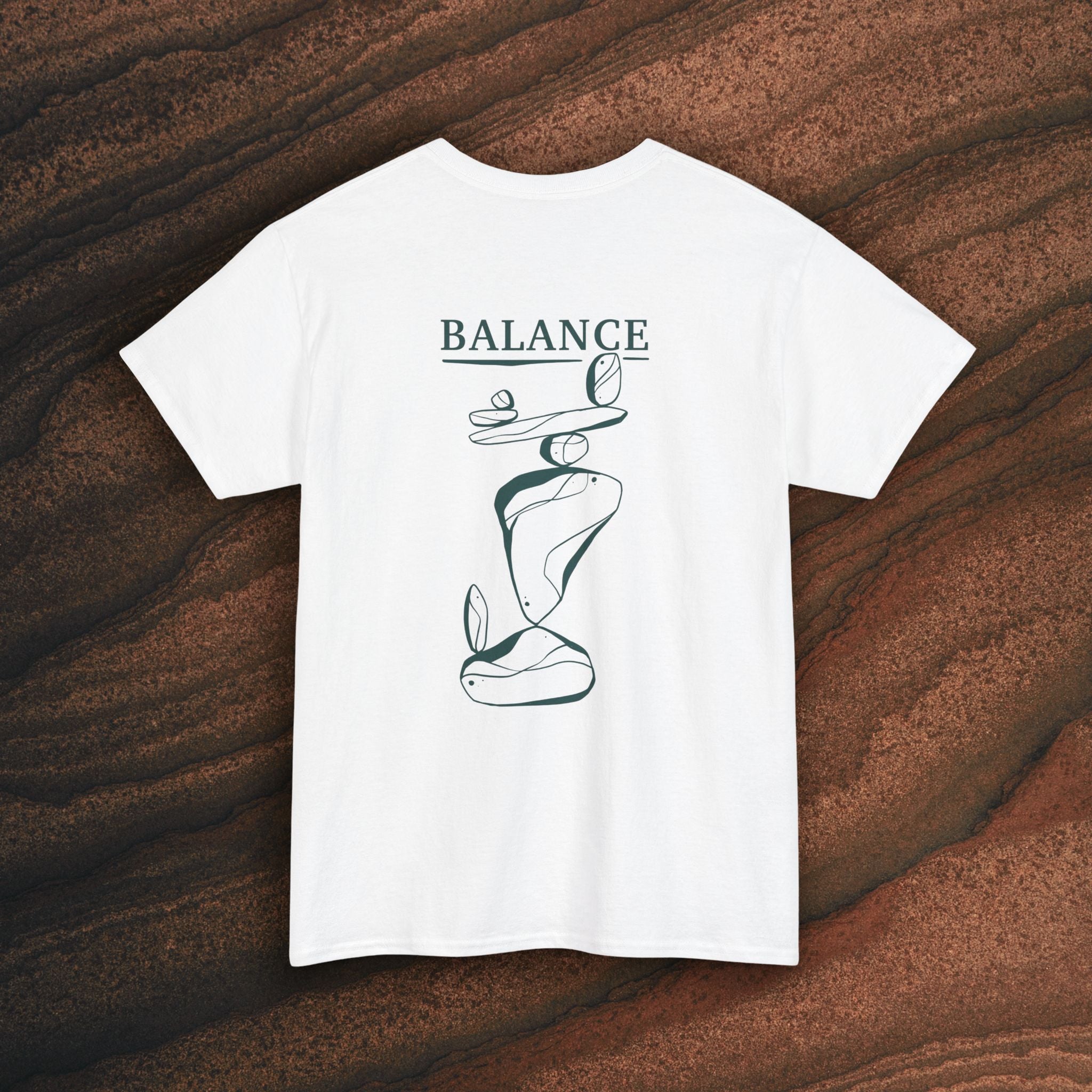 Balance T-Shirt — Minimal Balancing Stones Design