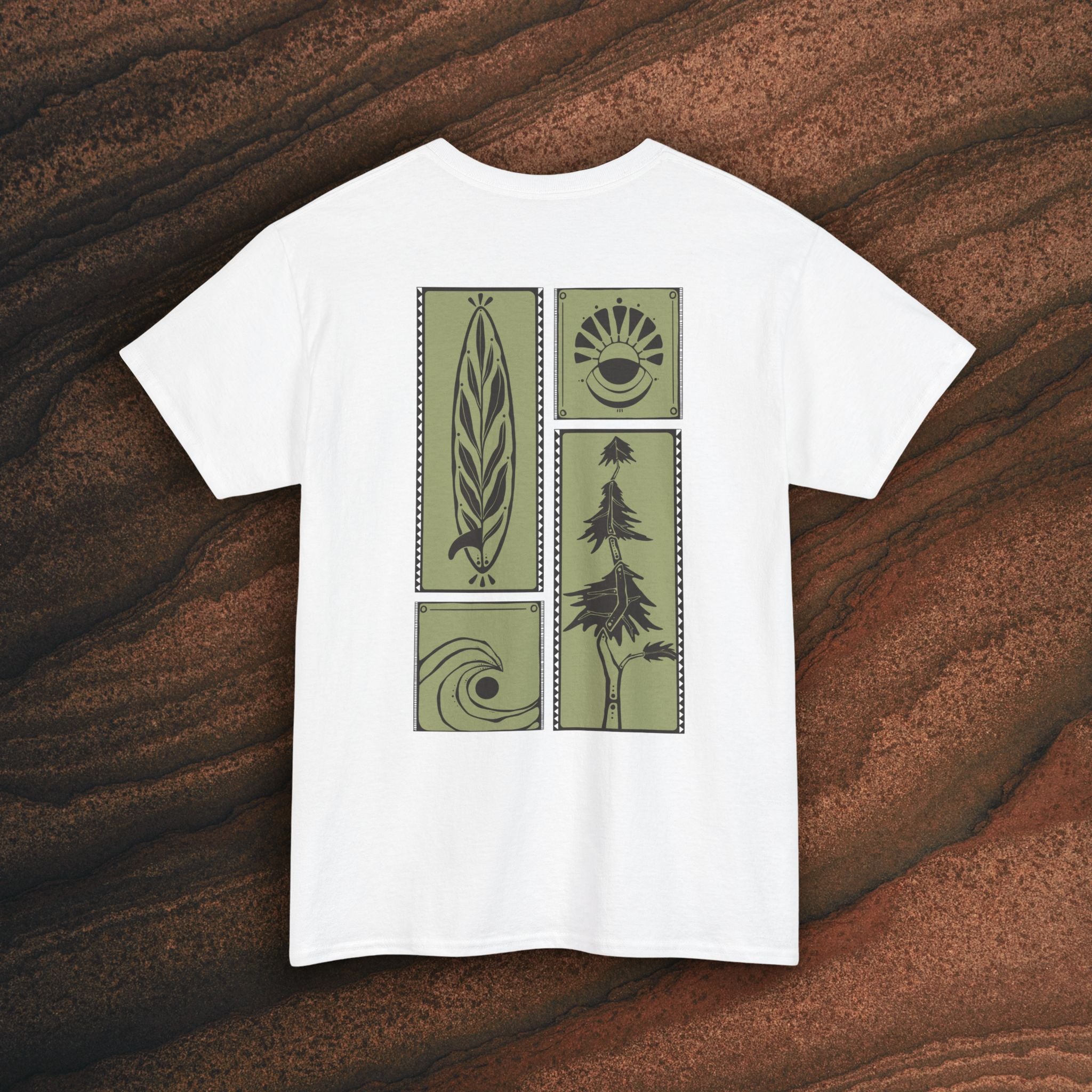 Nature Graphic Tee — Surf, Trees & Sun Vintage Panel Design