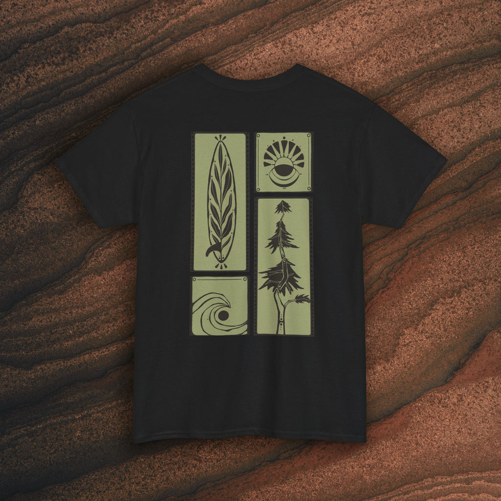 Nature Graphic Tee — Surf, Trees & Sun Vintage Panel Design
