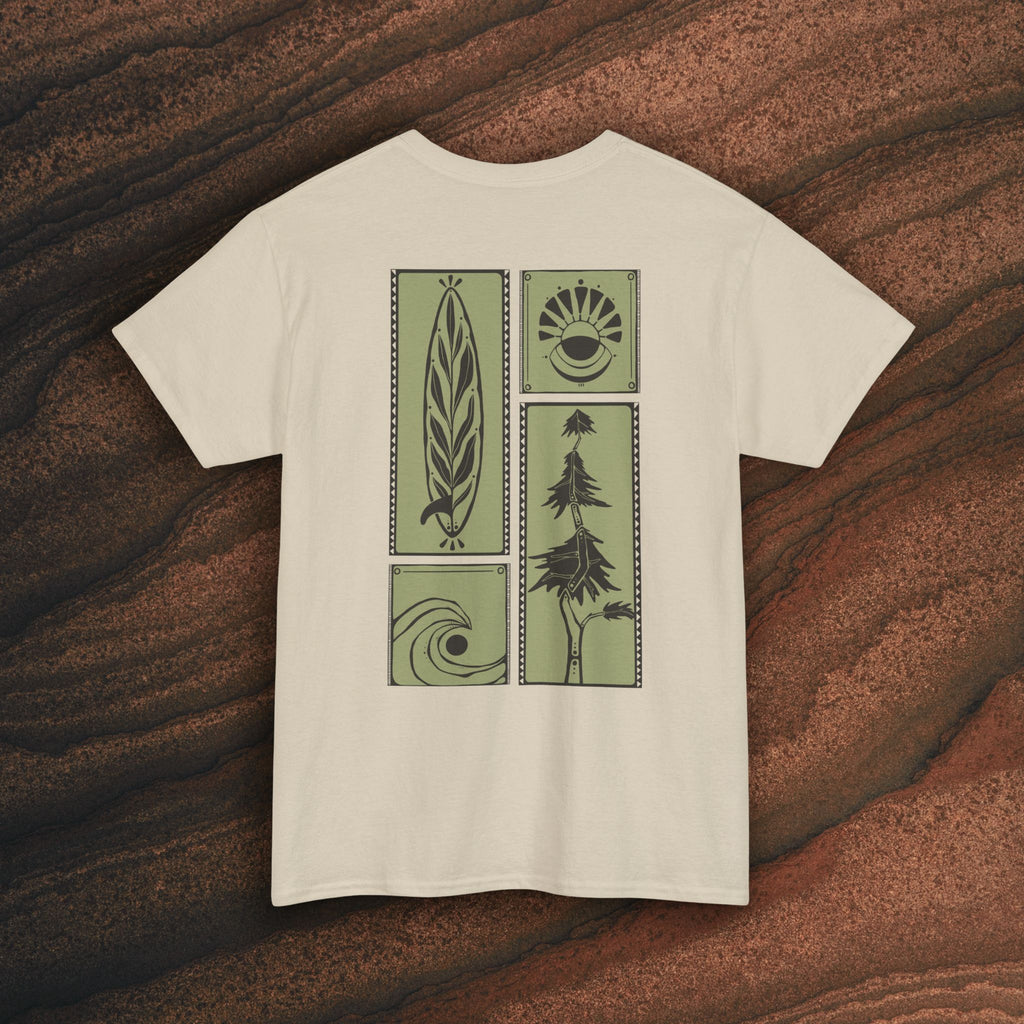 Nature Graphic Tee — Surf, Trees & Sun Vintage Panel Design