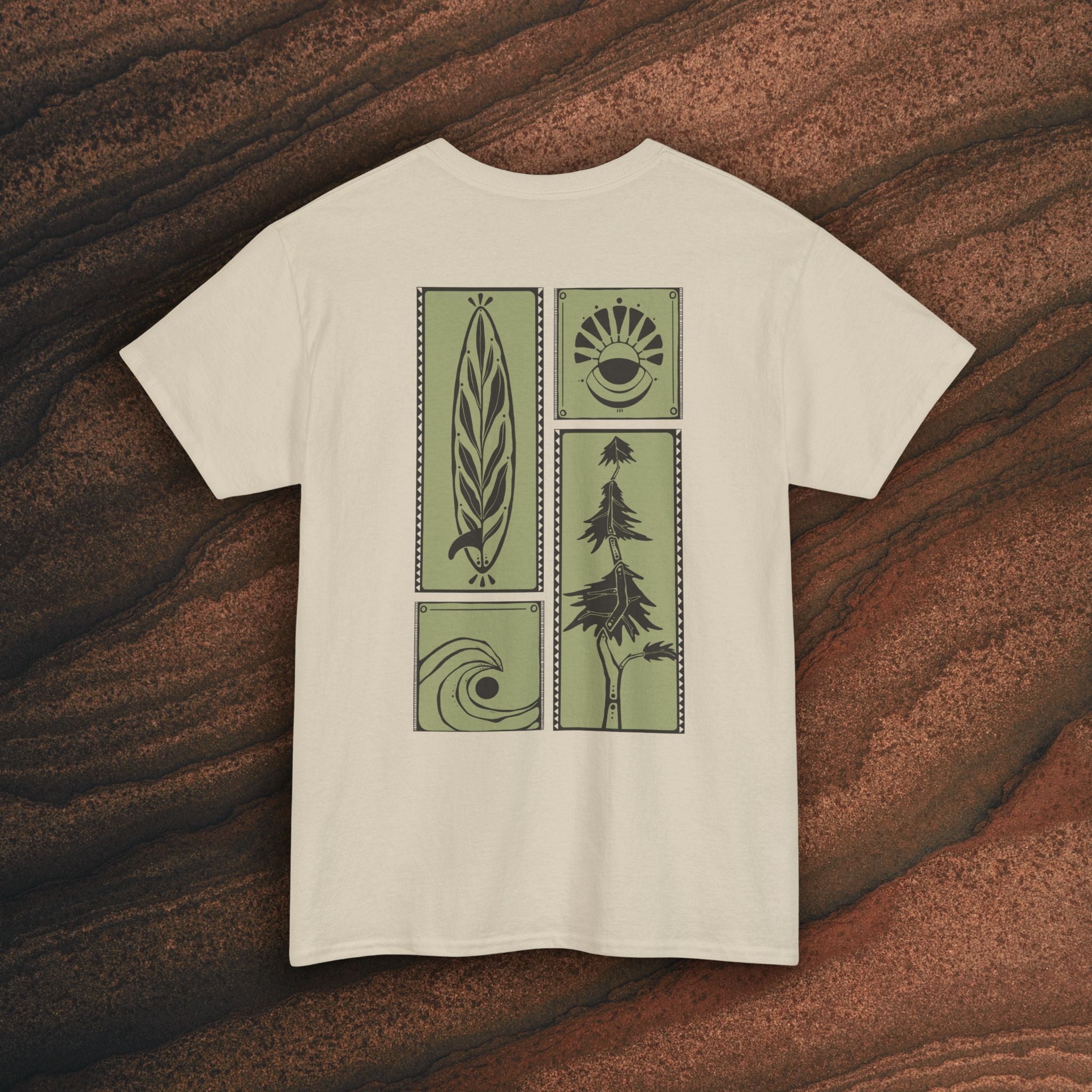 Nature Graphic Tee — Surf, Trees & Sun Vintage Panel Design