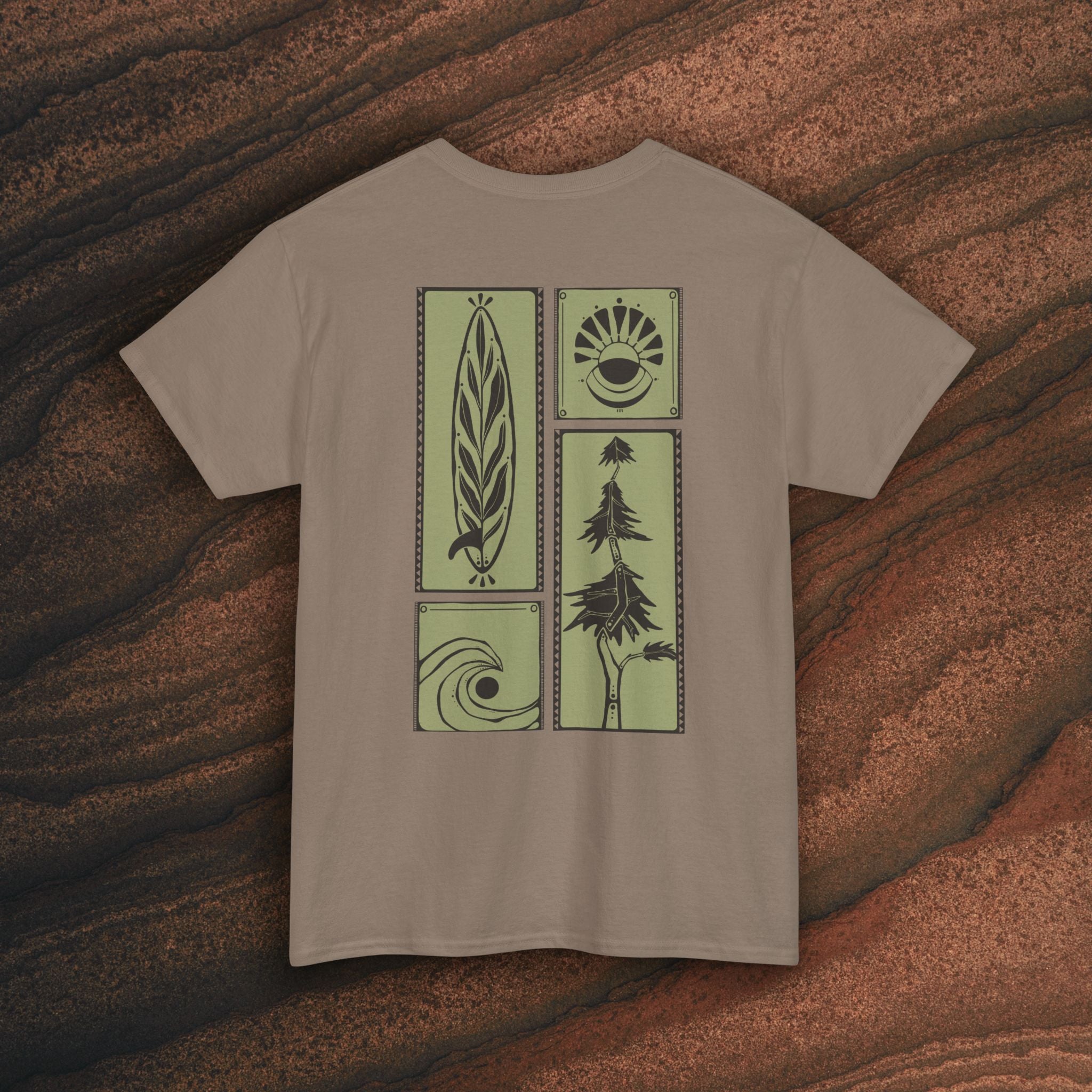 Nature Graphic Tee — Surf, Trees & Sun Vintage Panel Design