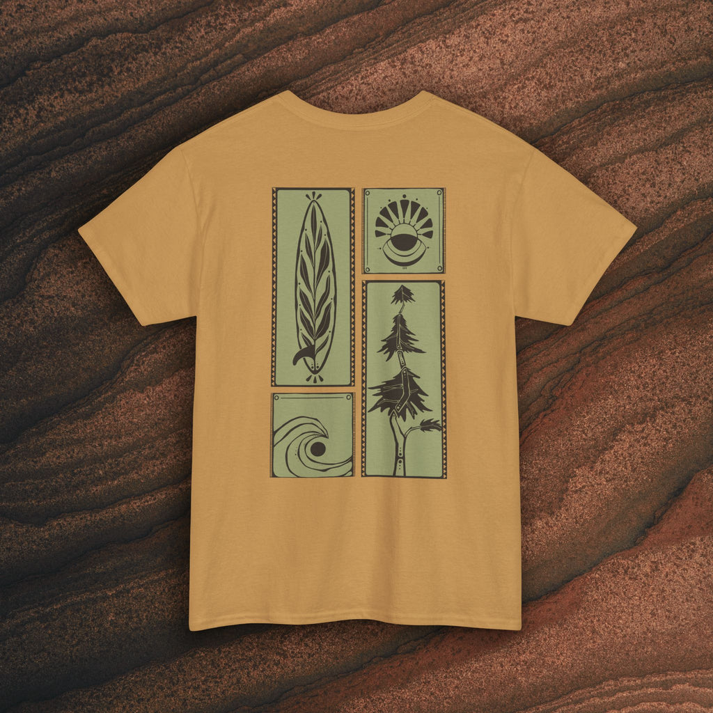 Nature Graphic Tee — Surf, Trees & Sun Vintage Panel Design