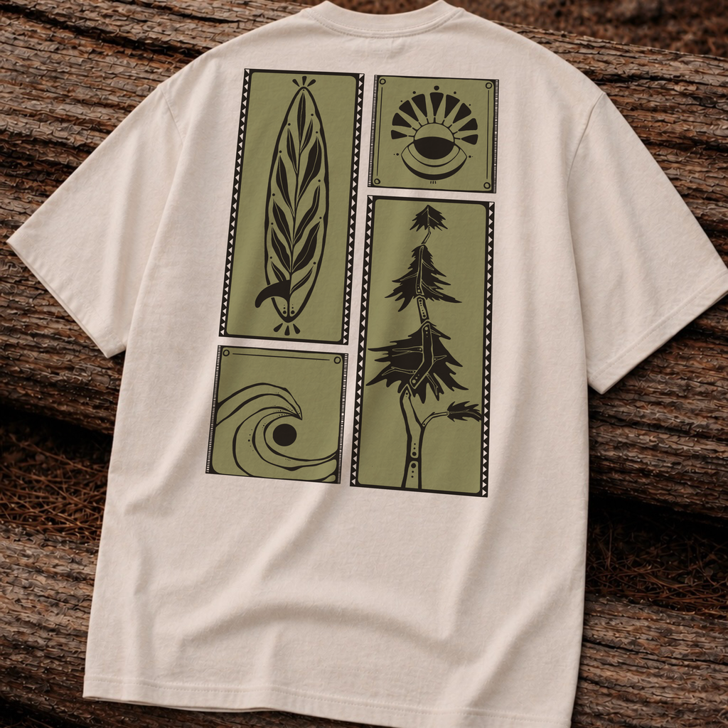 Nature Graphic Tee — Surf, Trees & Sun Vintage Panel Design