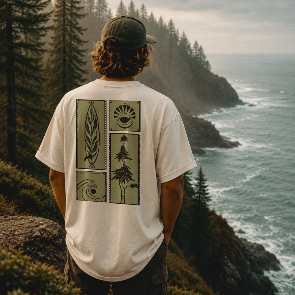 Nature Graphic Tee — Surf, Trees & Sun Vintage Panel Design