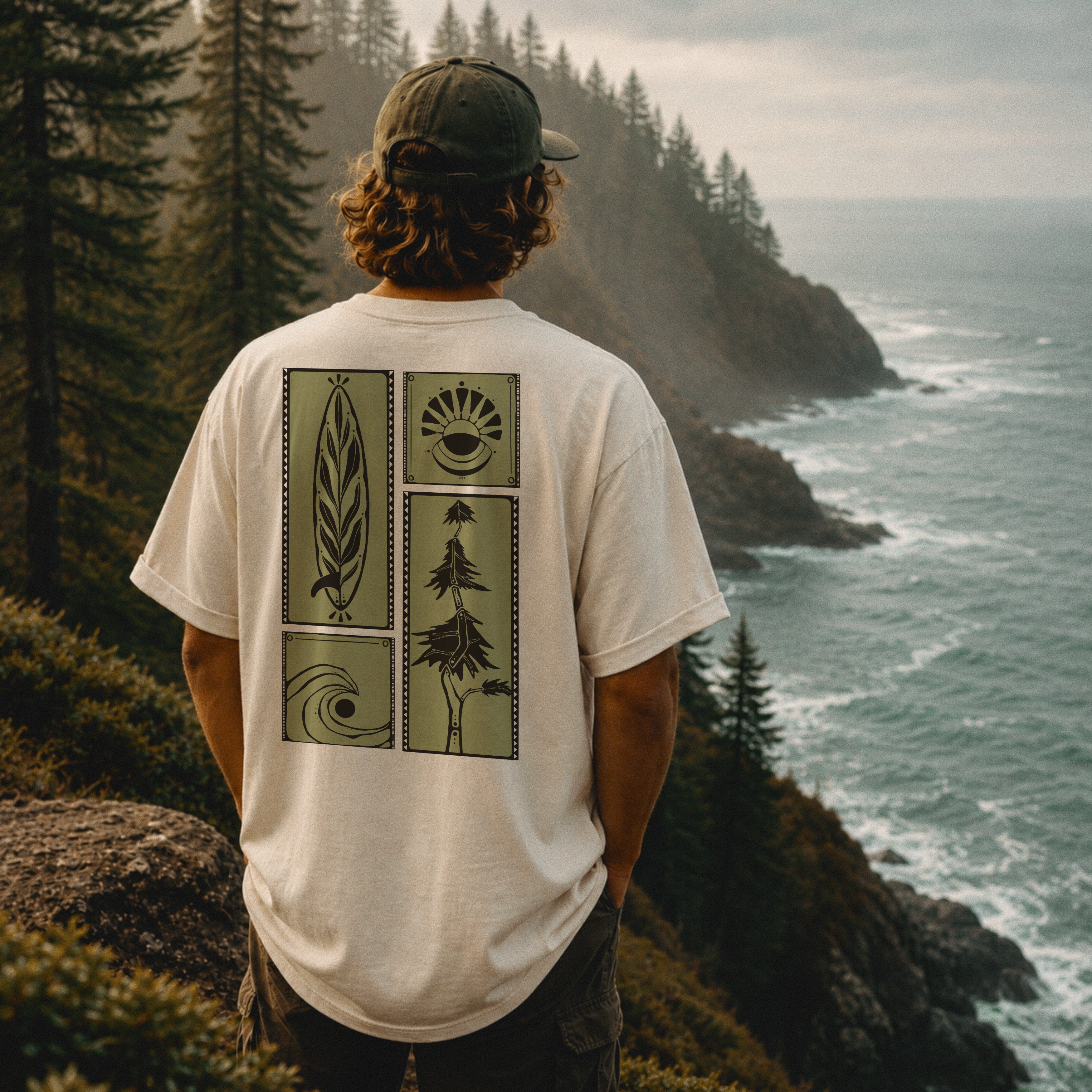 Nature Graphic Tee — Surf, Trees & Sun Vintage Panel Design