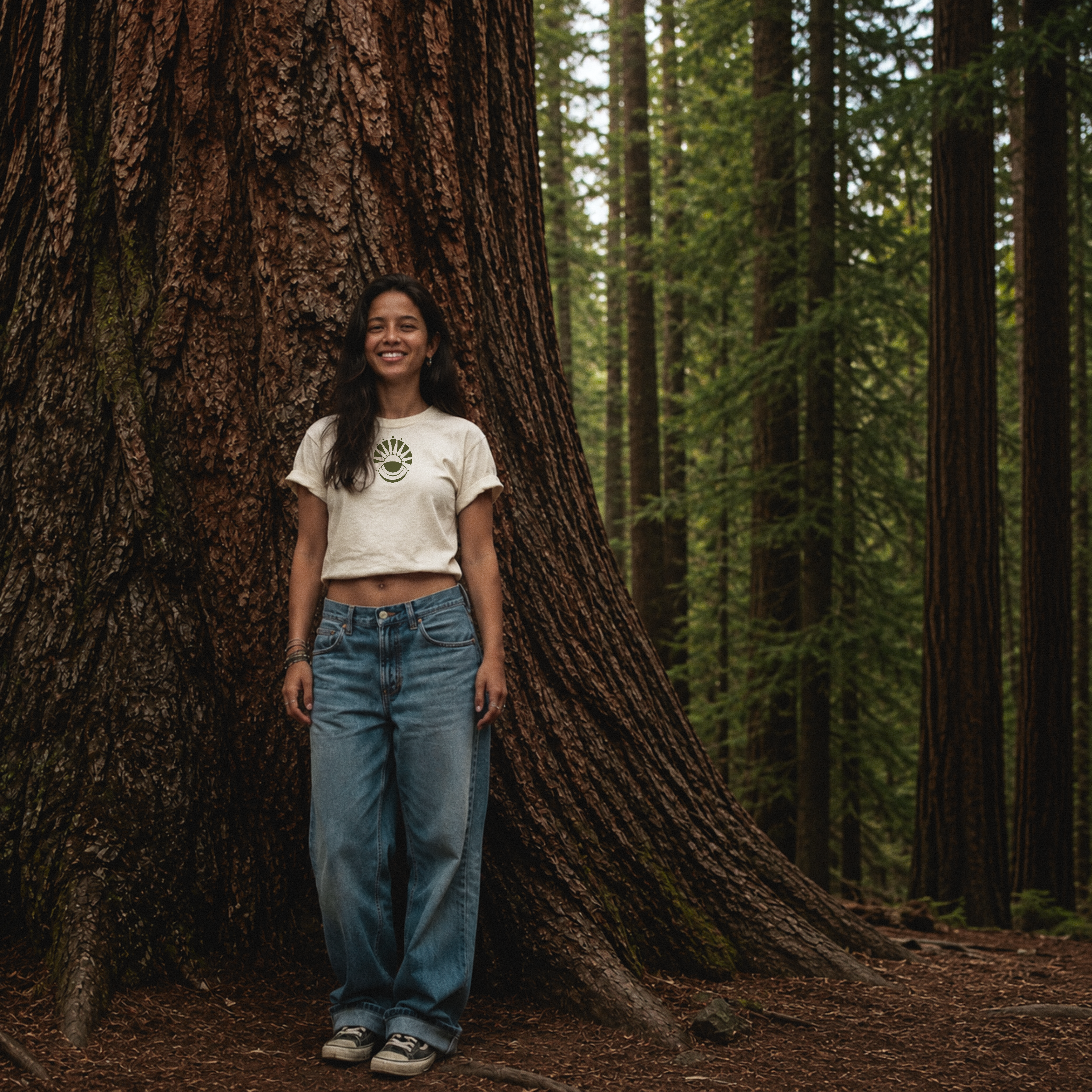 Nature Graphic Tee — Surf, Trees & Sun Vintage Panel Design