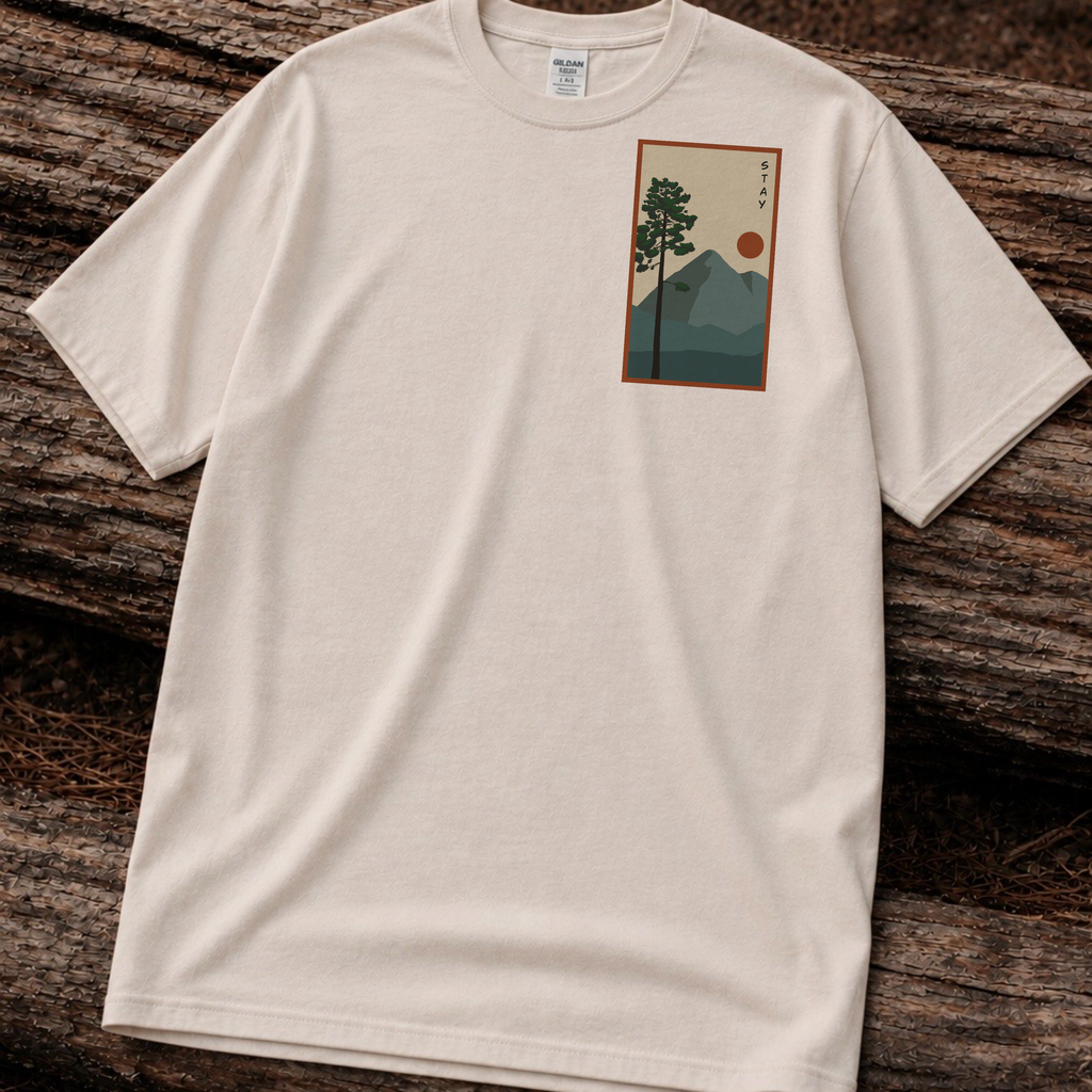 Mountain Landscape Tee – 'Stay' Graphic Nature Shirt
