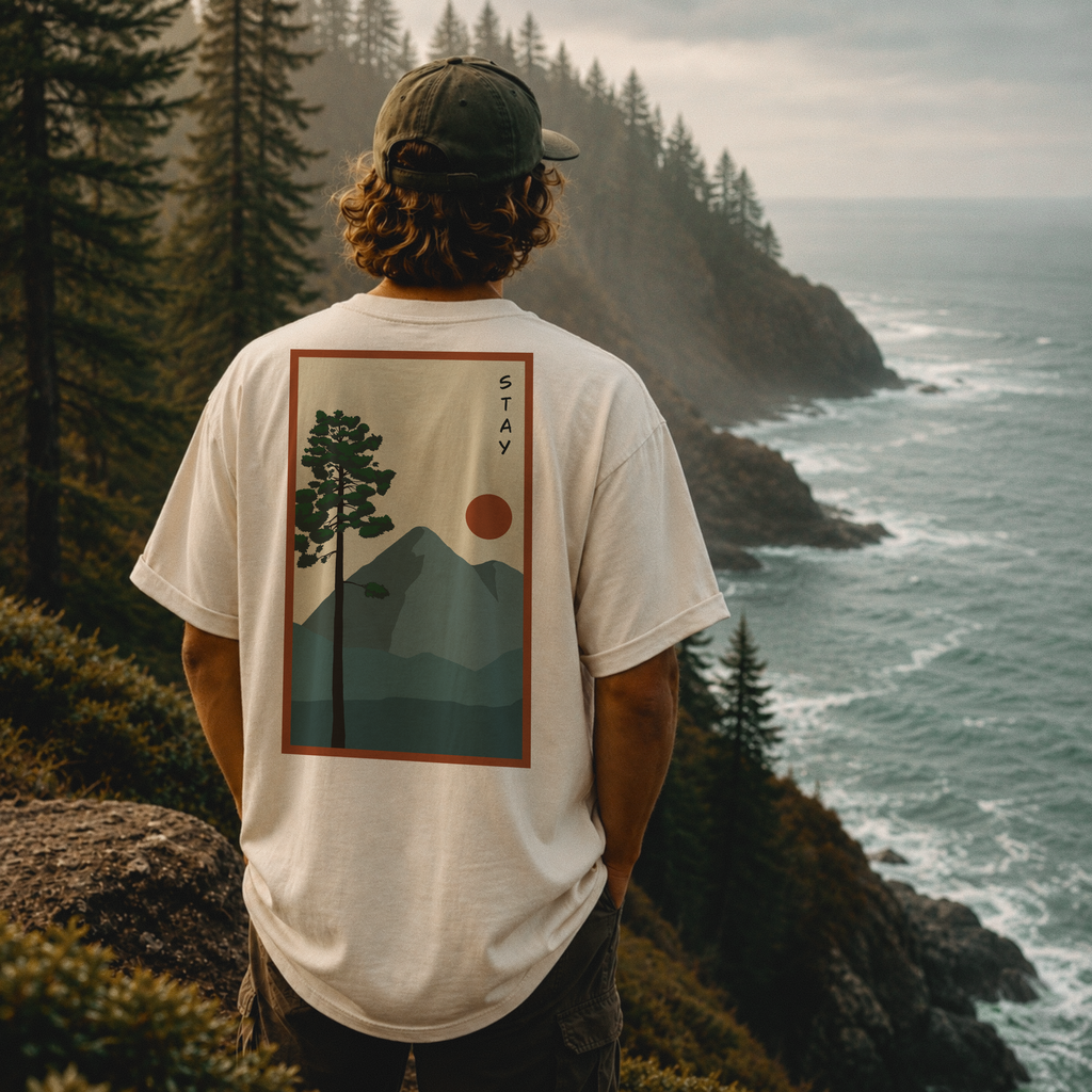 Mountain Landscape Tee – 'Stay' Graphic Nature Shirt