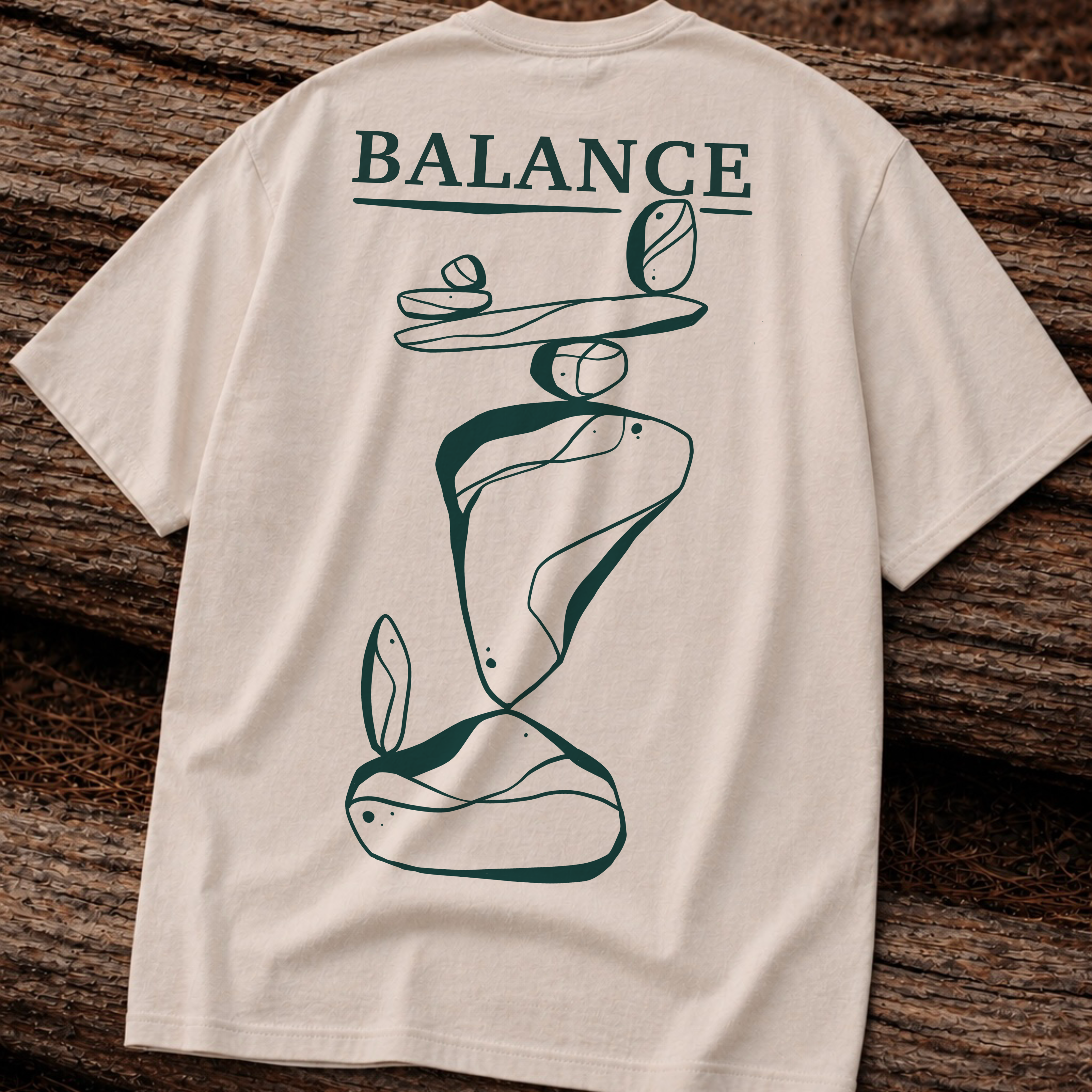 Balance T-Shirt — Minimal Balancing Stones Design