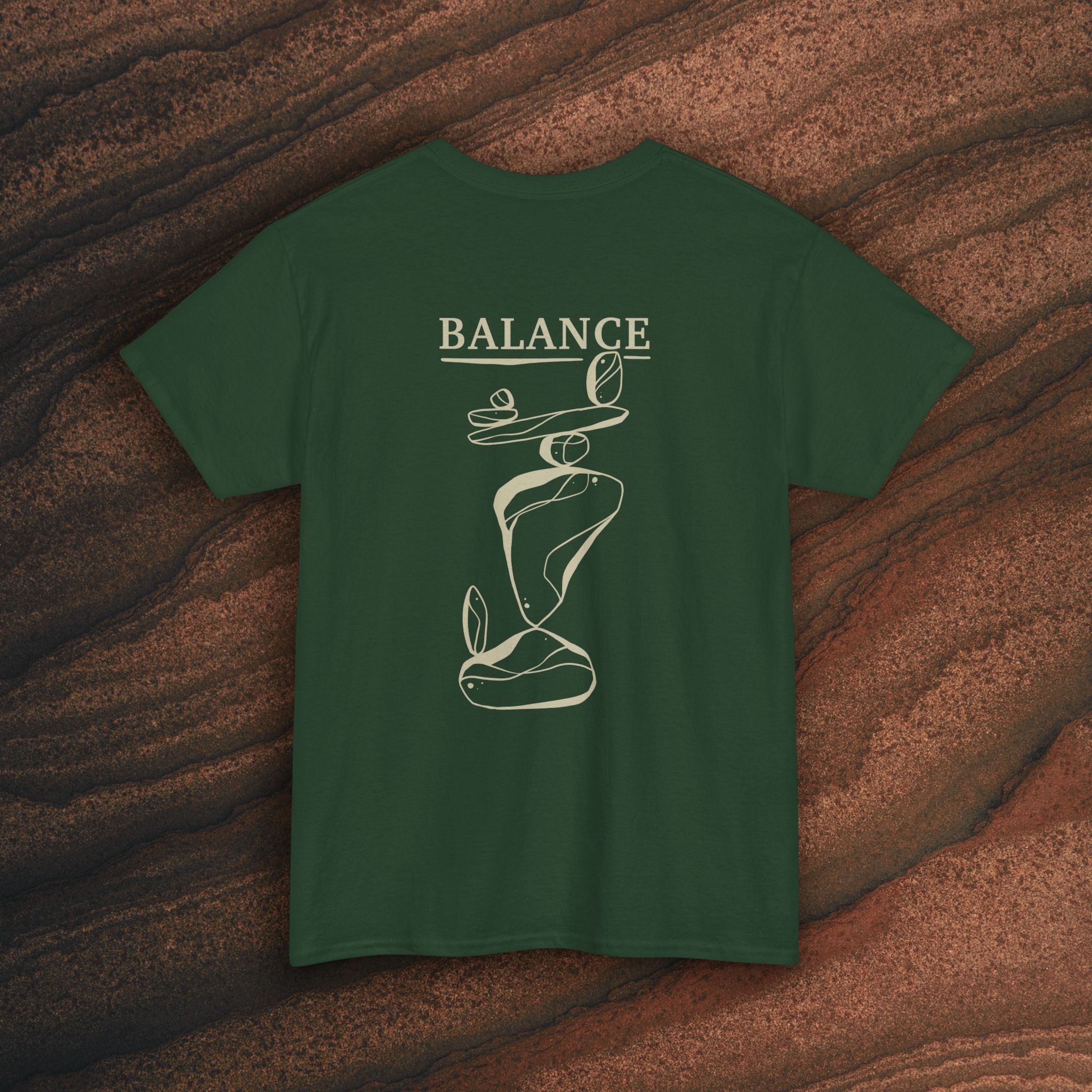 Balance T-Shirt — Minimal Balancing Stones Design