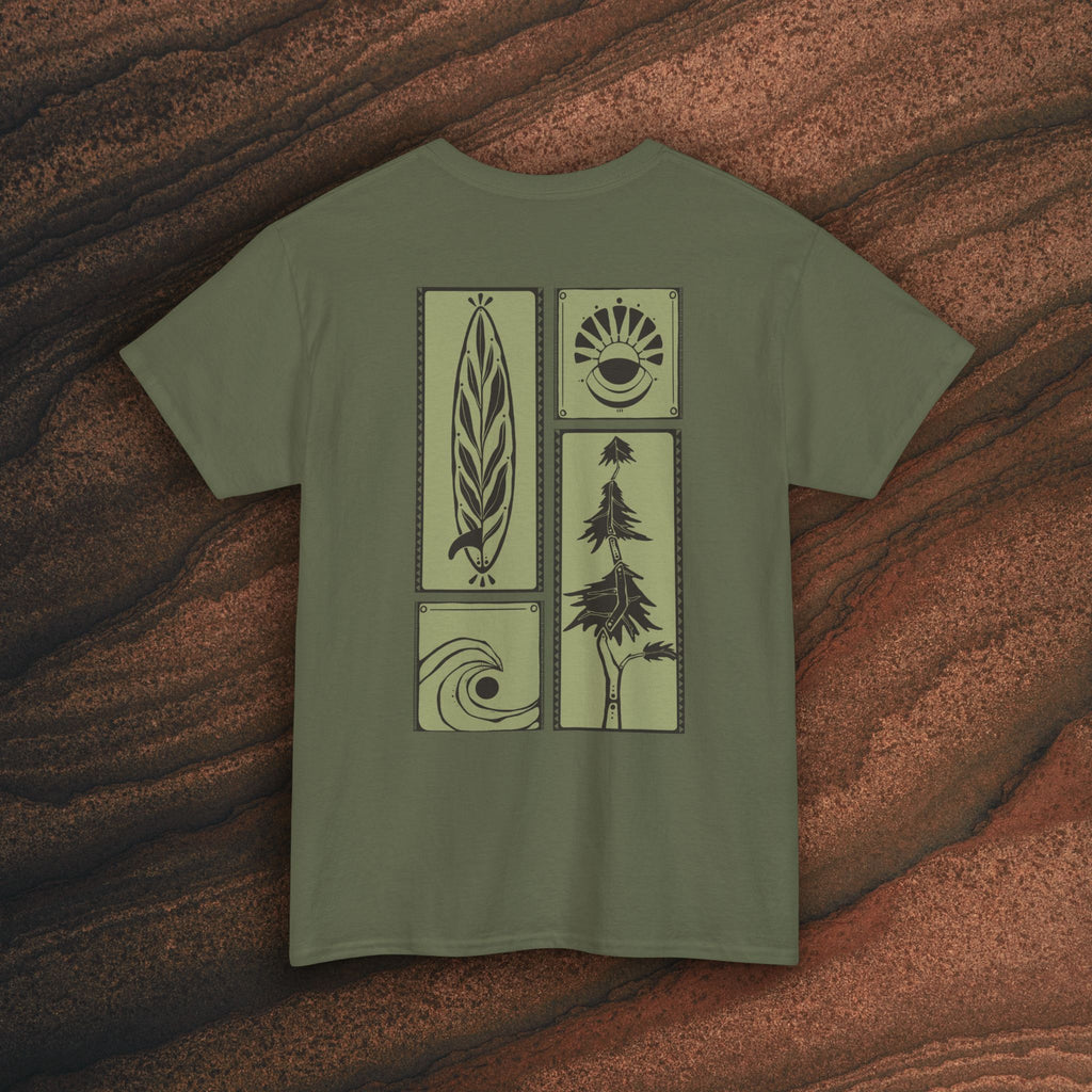 Nature Graphic Tee — Surf, Trees & Sun Vintage Panel Design