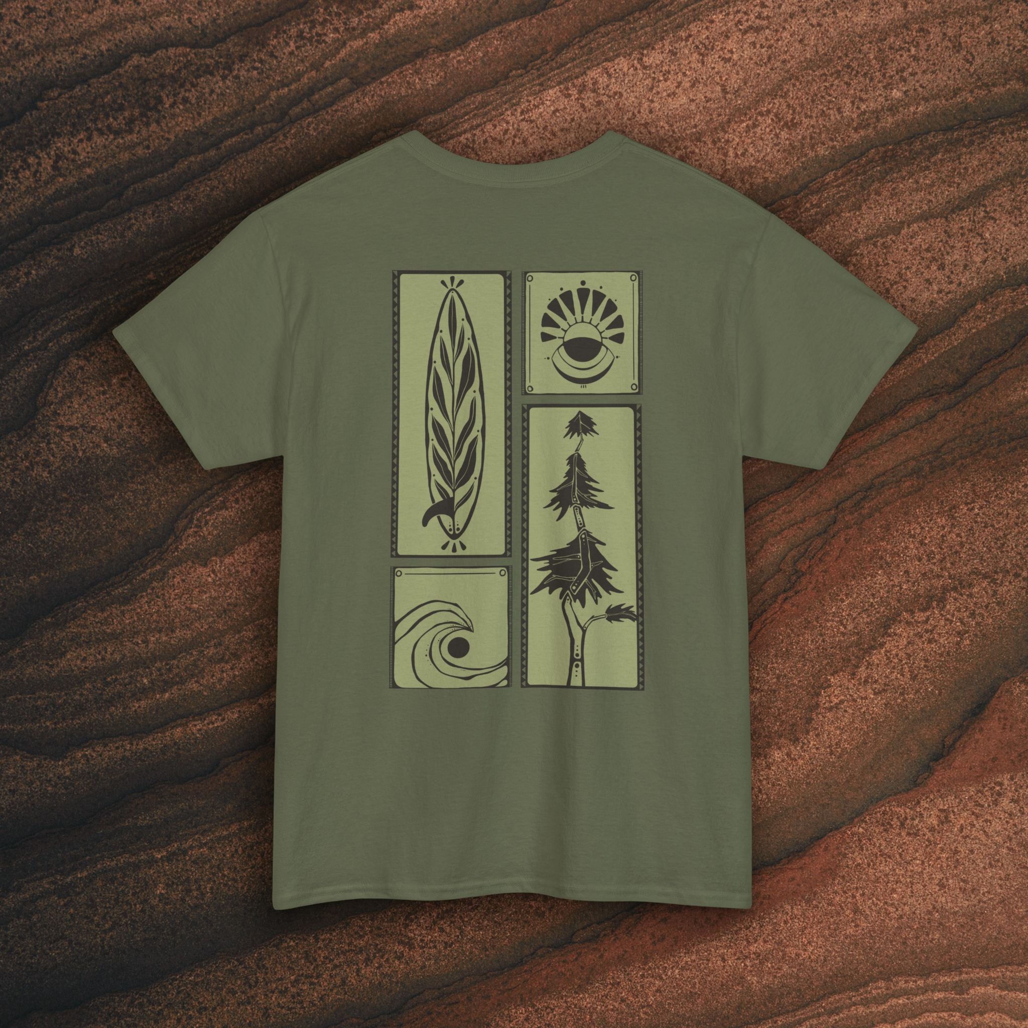 Nature Graphic Tee — Surf, Trees & Sun Vintage Panel Design