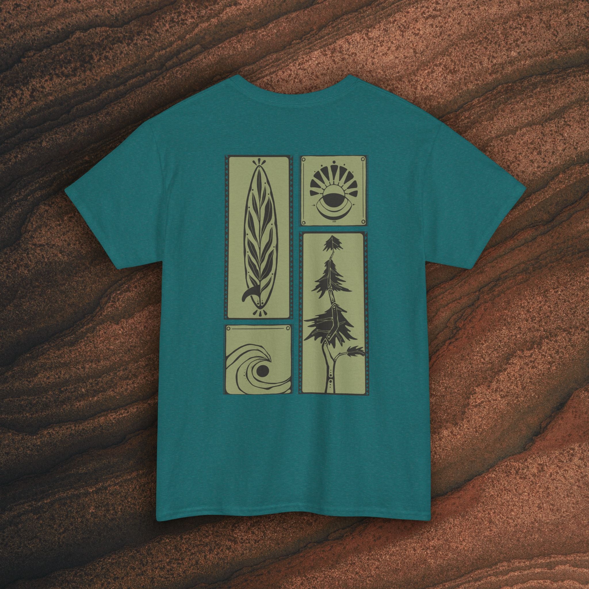 Nature Graphic Tee — Surf, Trees & Sun Vintage Panel Design