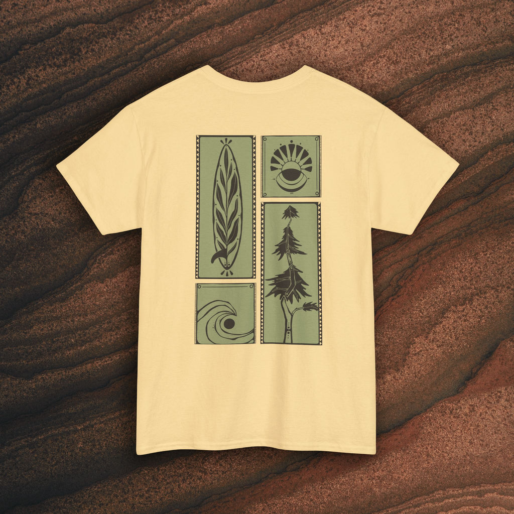 Nature Graphic Tee — Surf, Trees & Sun Vintage Panel Design
