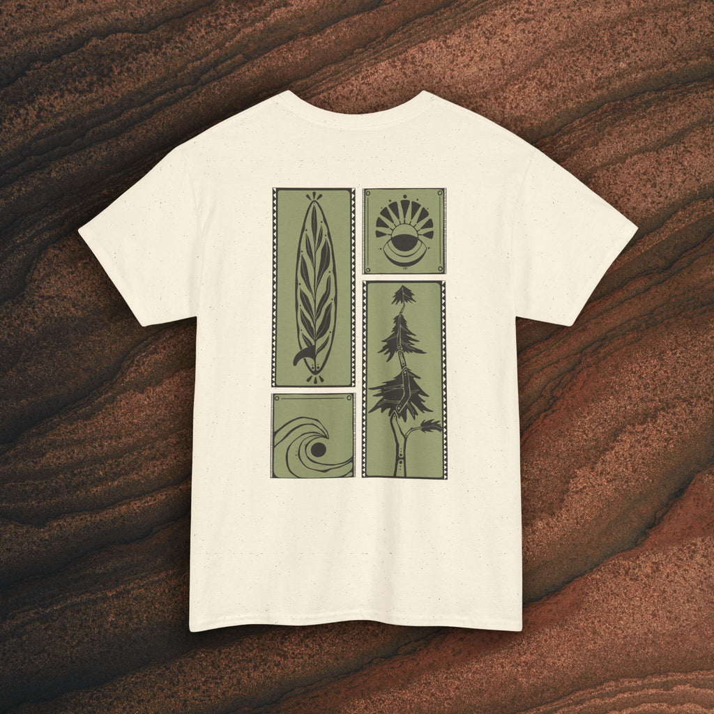 Nature Graphic Tee — Surf, Trees & Sun Vintage Panel Design