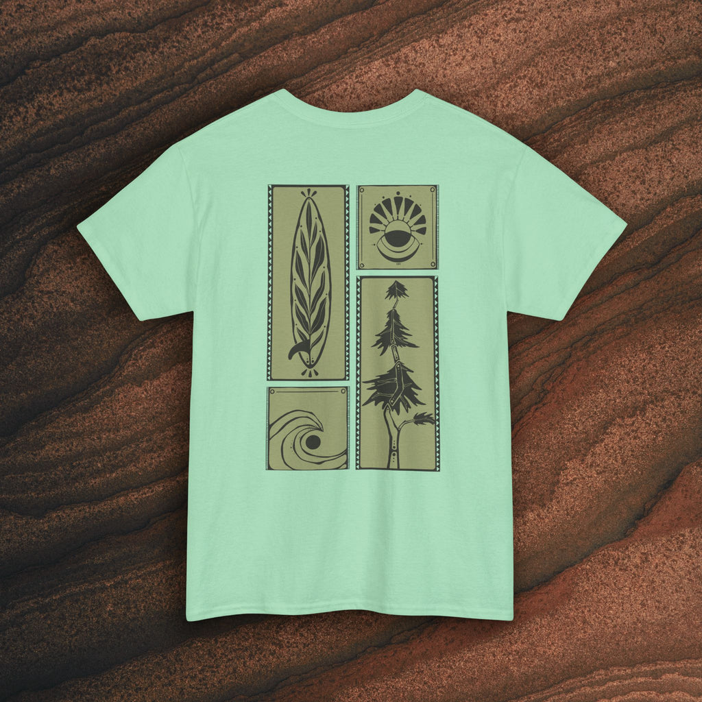 Nature Graphic Tee — Surf, Trees & Sun Vintage Panel Design