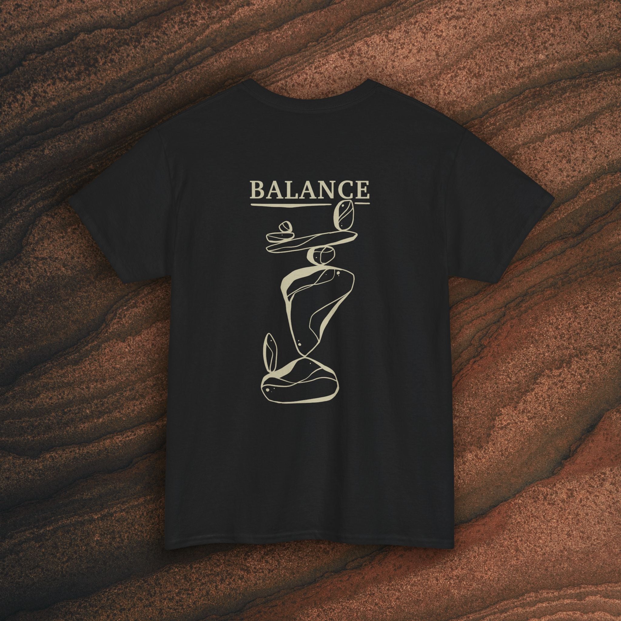 Balance T-Shirt — Minimal Balancing Stones Design