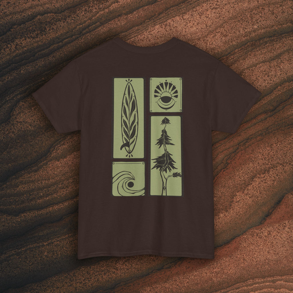 Nature Graphic Tee — Surf, Trees & Sun Vintage Panel Design