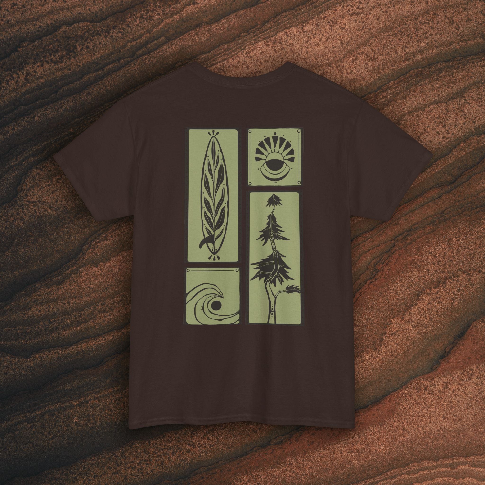 Nature Graphic Tee — Surf, Trees & Sun Vintage Panel Design